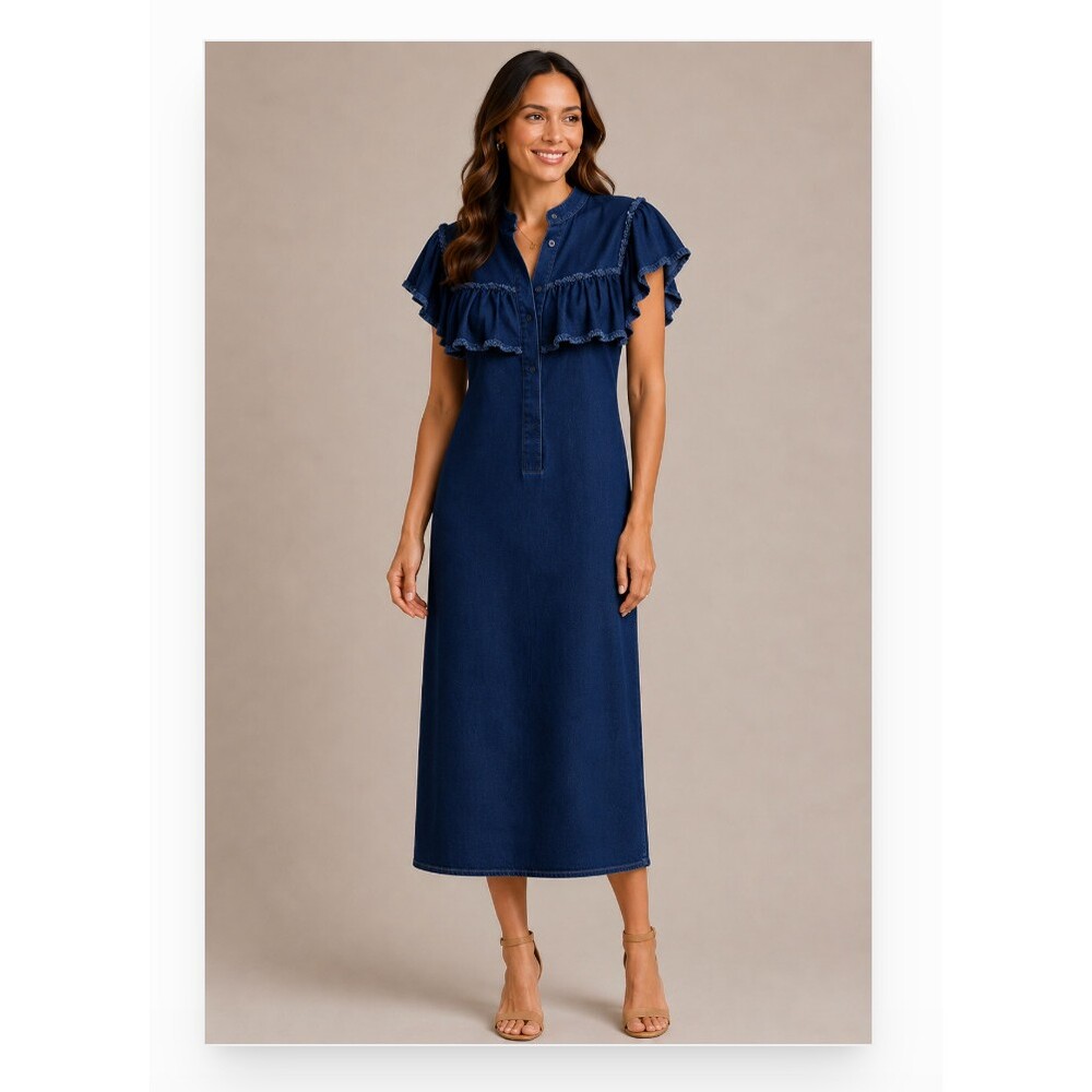 Ksenia Schnaider Dress Womens Medium Blue Denim Ruffle Flutter Sleeve Shift Midi